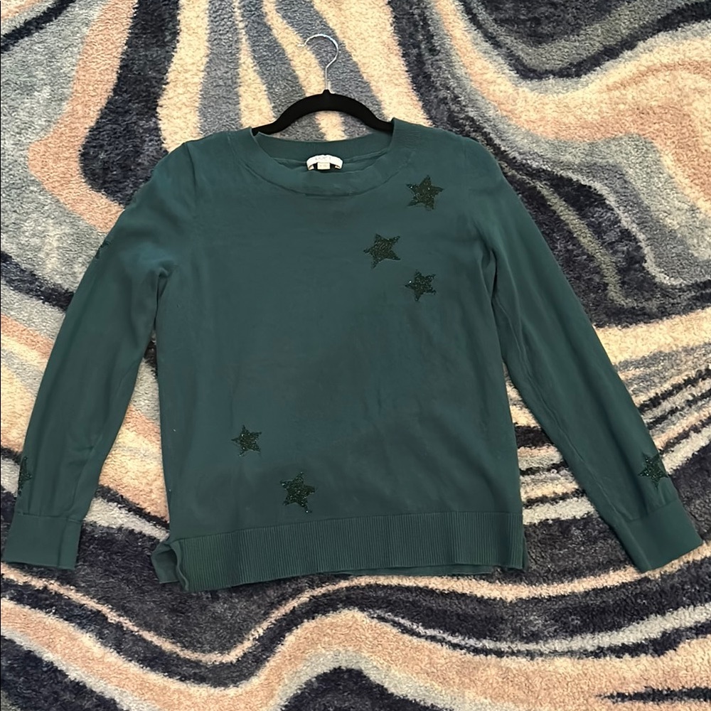 LOFT Green Crew Neck Sweater with Star Accents